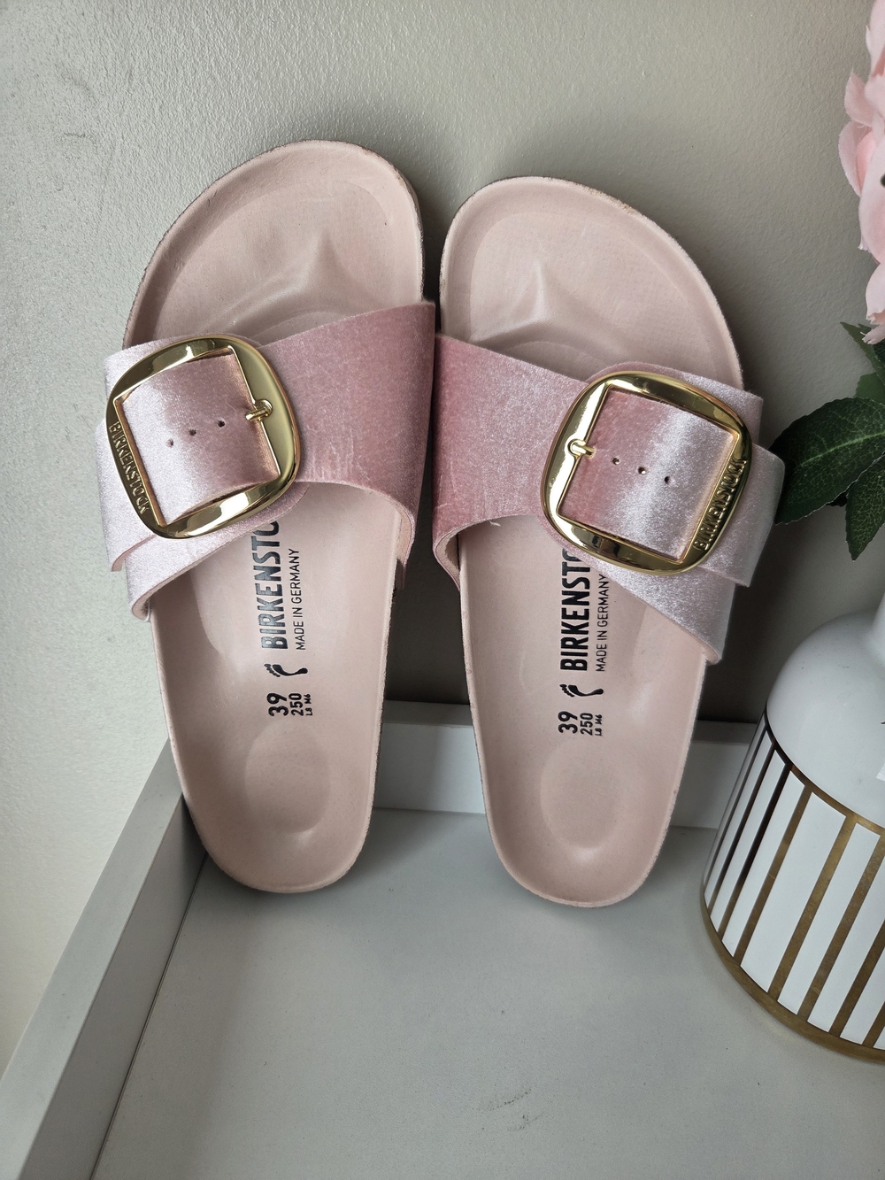 Birkenstock Pink Slide Sandals with Gold Buckles - Picture 15 of 16